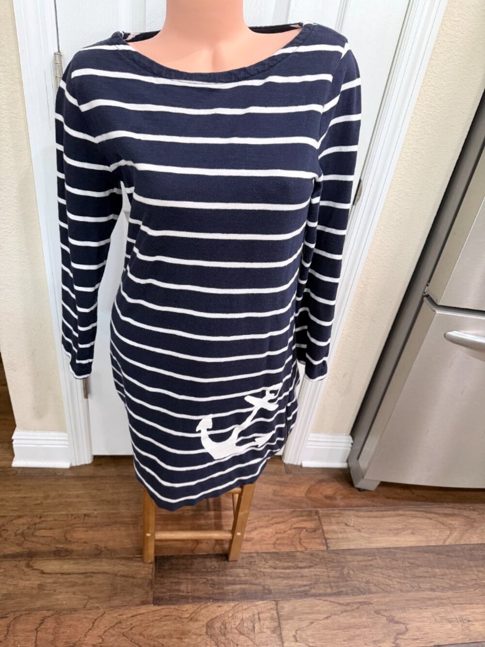 J.Crew Nautical Anchor Stripe Dress Medium Navy White Boat Neck Coastal